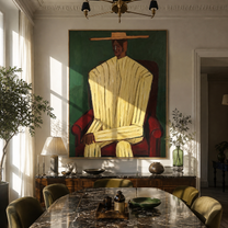 Ivory Robe Takes the Red Chair - Seated Ivory Robe Figure painting by Adrian Lee, mid-century modern vertical wall art – styled room scene view 4