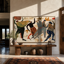 Dancers Break the Pale Ground - Abstract Dancing Figures painting by Adrian Lee, mid-century modern horizontal wall art – styled room scene view 1