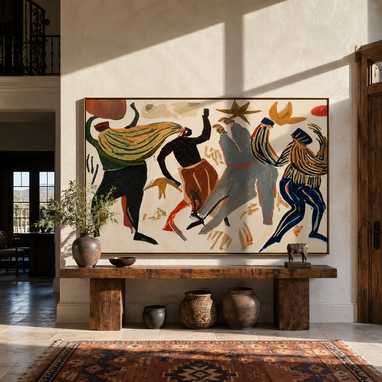 Dancers Break the Pale Ground - Abstract Dancing Figures painting by Adrian Lee, mid-century modern horizontal wall art – styled room scene view 1