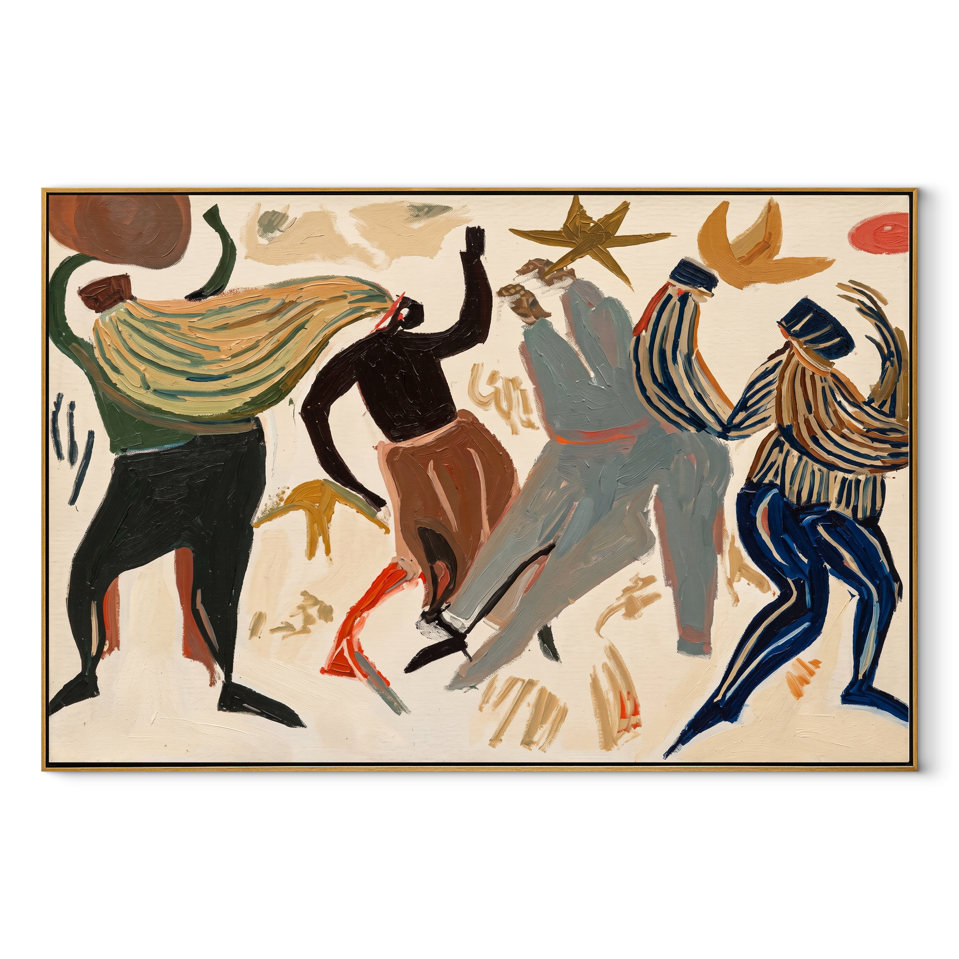 Dancers Break the Pale Ground - Abstract Dancing Figures painting by Adrian Lee, mid-century modern horizontal wall art – wood frame on white background