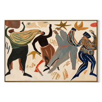 Dancers Break the Pale Ground - Abstract Dancing Figures painting by Adrian Lee, mid-century modern horizontal wall art – wood frame on white background