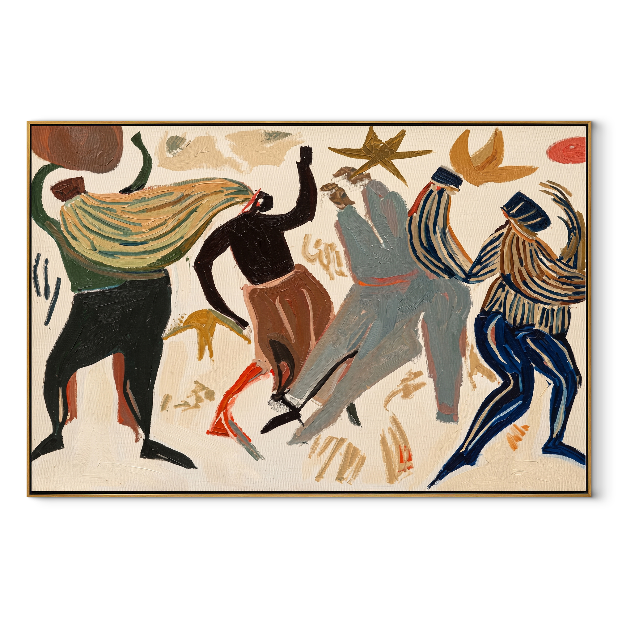 Dancers Break the Pale Ground - Abstract Dancing Figures painting by Adrian Lee, mid-century modern horizontal wall art – wood frame on white background