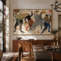 Dancers Break the Pale Ground - Abstract Dancing Figures painting by Adrian Lee, mid-century modern horizontal wall art – styled room scene view 2