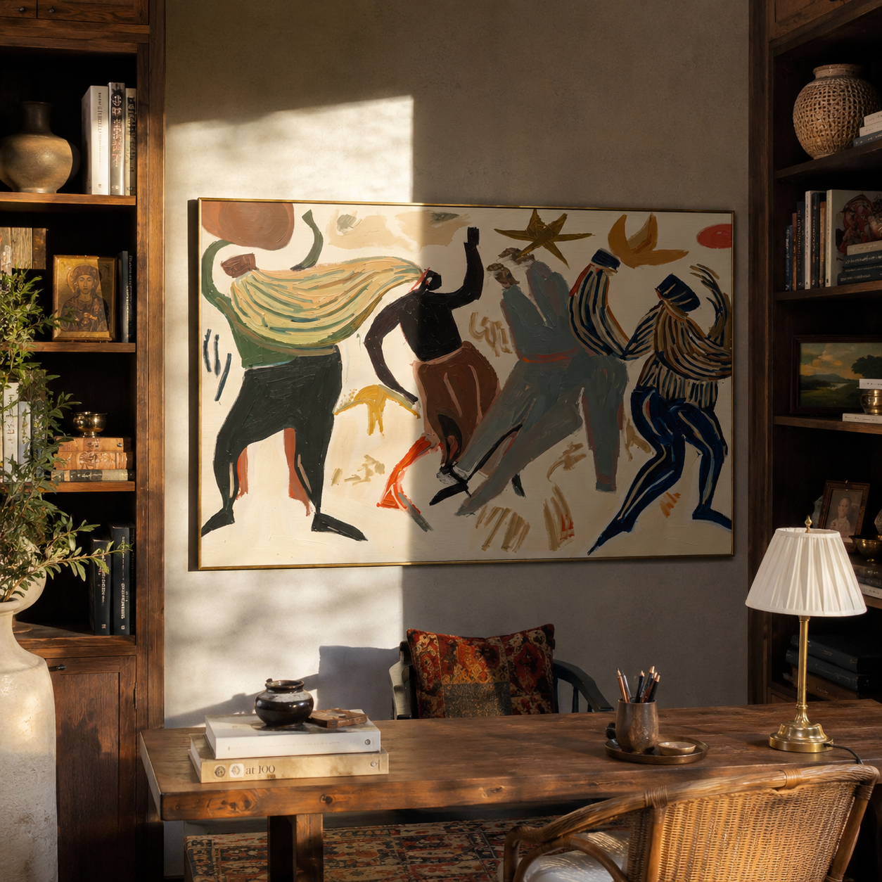 Dancers Break the Pale Ground - Abstract Dancing Figures painting by Adrian Lee, mid-century modern horizontal wall art – styled room scene view 3