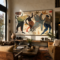 Dancers Break the Pale Ground - Abstract Dancing Figures painting by Adrian Lee, mid-century modern horizontal wall art – styled room scene view 4