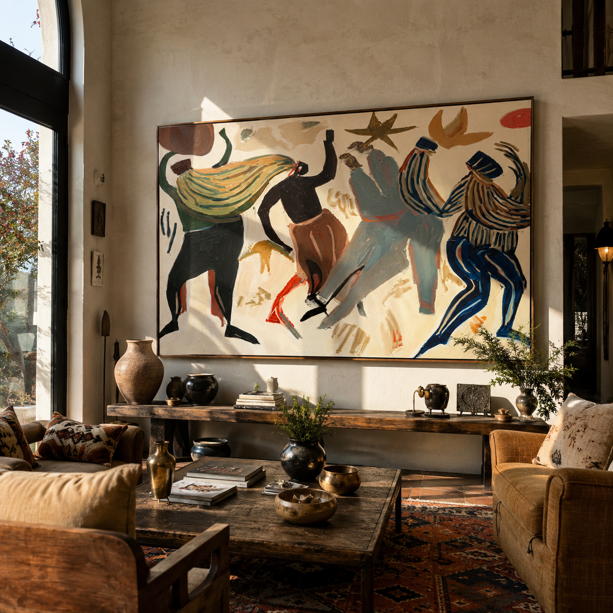 Dancers Break the Pale Ground - Abstract Dancing Figures painting by Adrian Lee, mid-century modern horizontal wall art – styled room scene view 4