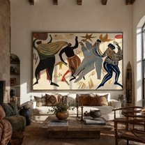 Dancers Break the Pale Ground - Abstract Dancing Figures painting by Adrian Lee, mid-century modern horizontal wall art – styled room scene view 5