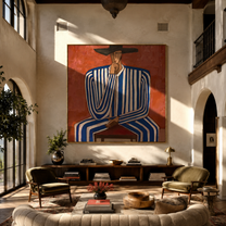 Cobalt Lines Take the Chair - Blue Stripe Seated Figure painting by Adrian Lee, mid-century modern square wall art – styled room scene view 1