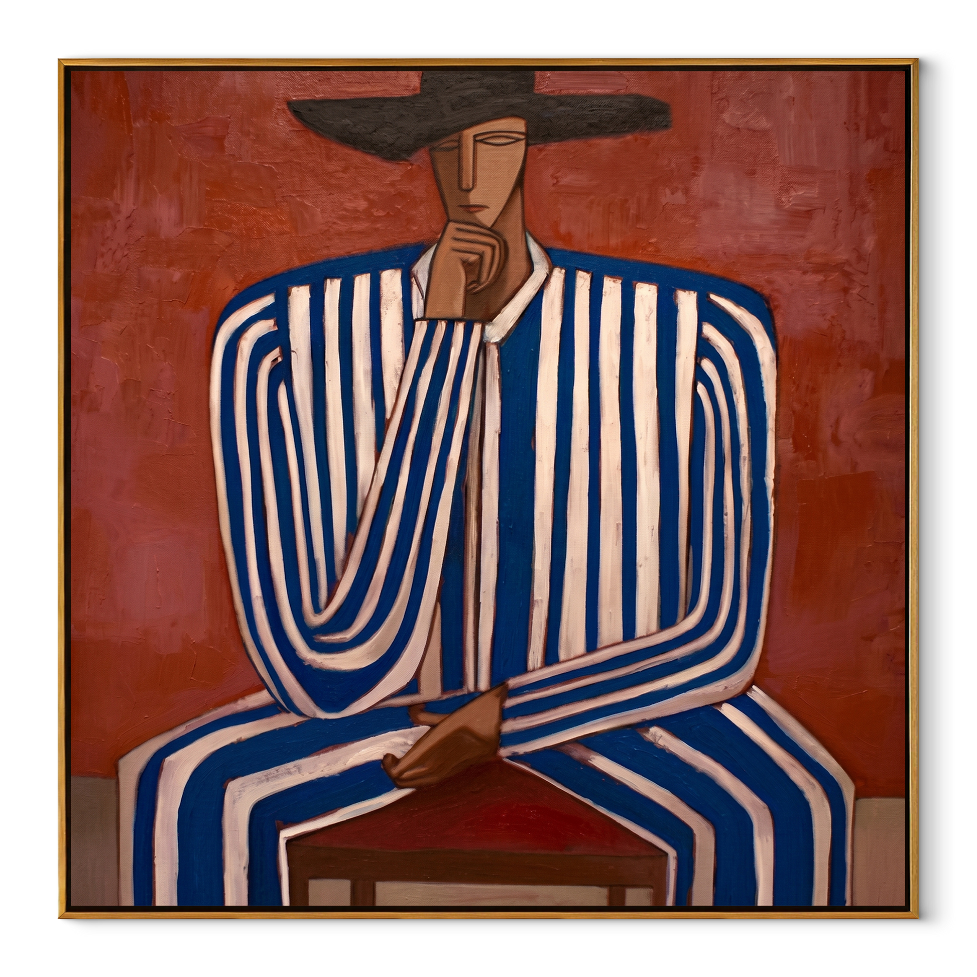 Cobalt Lines Take the Chair - Blue Stripe Seated Figure painting by Adrian Lee, mid-century modern square wall art – wood frame on white background