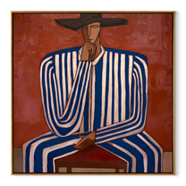Cobalt Lines Take the Chair - Blue Stripe Seated Figure painting by Adrian Lee, mid-century modern square wall art – wood frame on white background