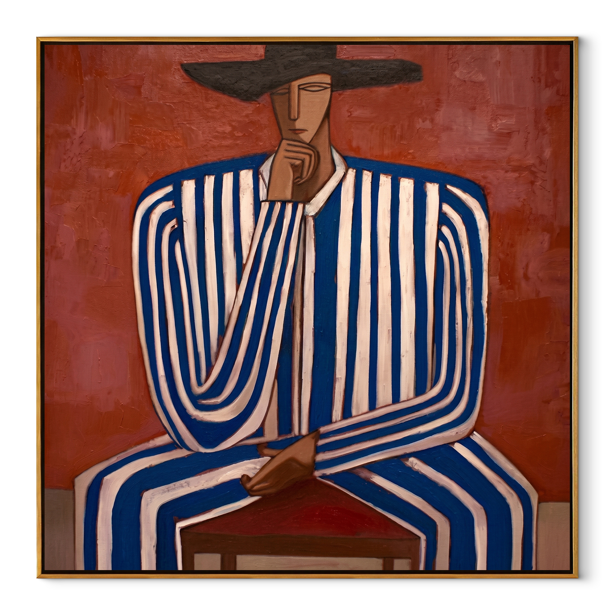 Cobalt Lines Take the Chair - Blue Stripe Seated Figure painting by Adrian Lee, mid-century modern square wall art – wood frame on white background