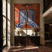 Cobalt Lines Take the Chair - Blue Stripe Seated Figure painting by Adrian Lee, mid-century modern square wall art – styled room scene view 2