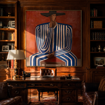 Cobalt Lines Take the Chair - Blue Stripe Seated Figure painting by Adrian Lee, mid-century modern square wall art – styled room scene view 3