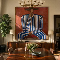 Cobalt Lines Take the Chair - Blue Stripe Seated Figure painting by Adrian Lee, mid-century modern square wall art – styled room scene view 4