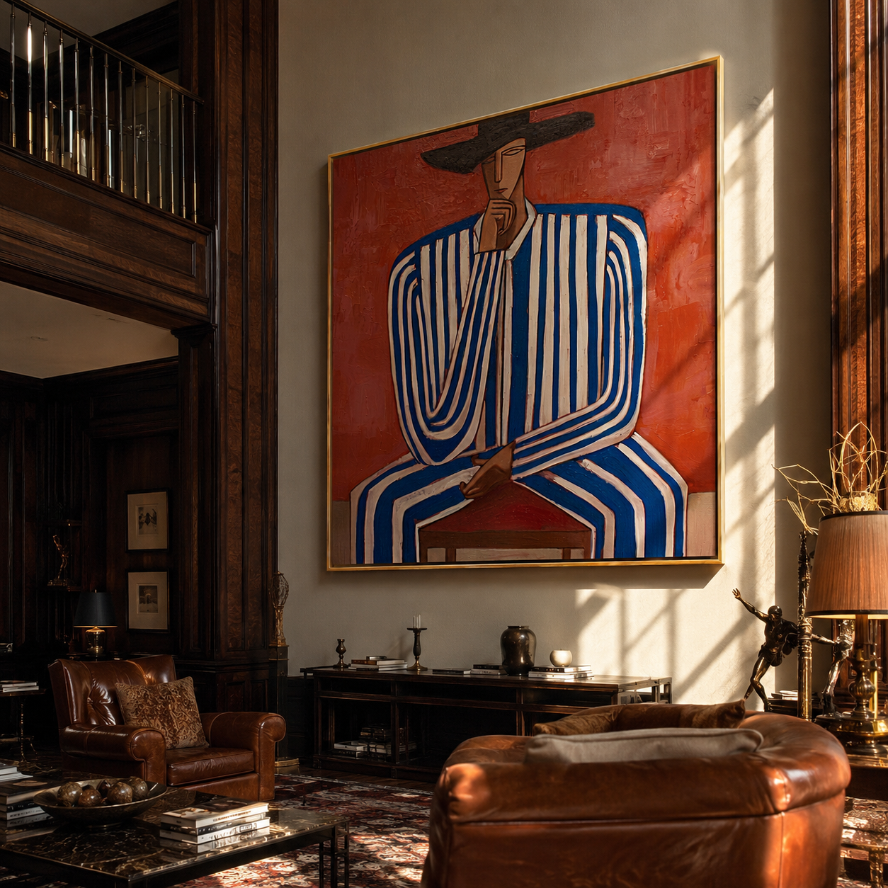 Cobalt Lines Take the Chair - Blue Stripe Seated Figure painting by Adrian Lee, mid-century modern square wall art – styled room scene view 5