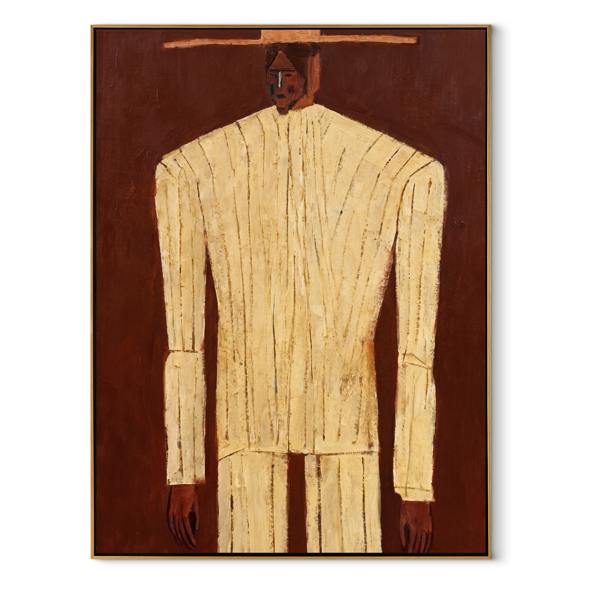Ivory Column Rises from Brown - Tall Ivory Suit Figure painting by Adrian Lee, mid-century modern vertical wall art – wood frame on white background