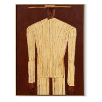 Ivory Column Rises from Brown - Tall Ivory Suit Figure painting by Adrian Lee, mid-century modern vertical wall art – wood frame on white background
