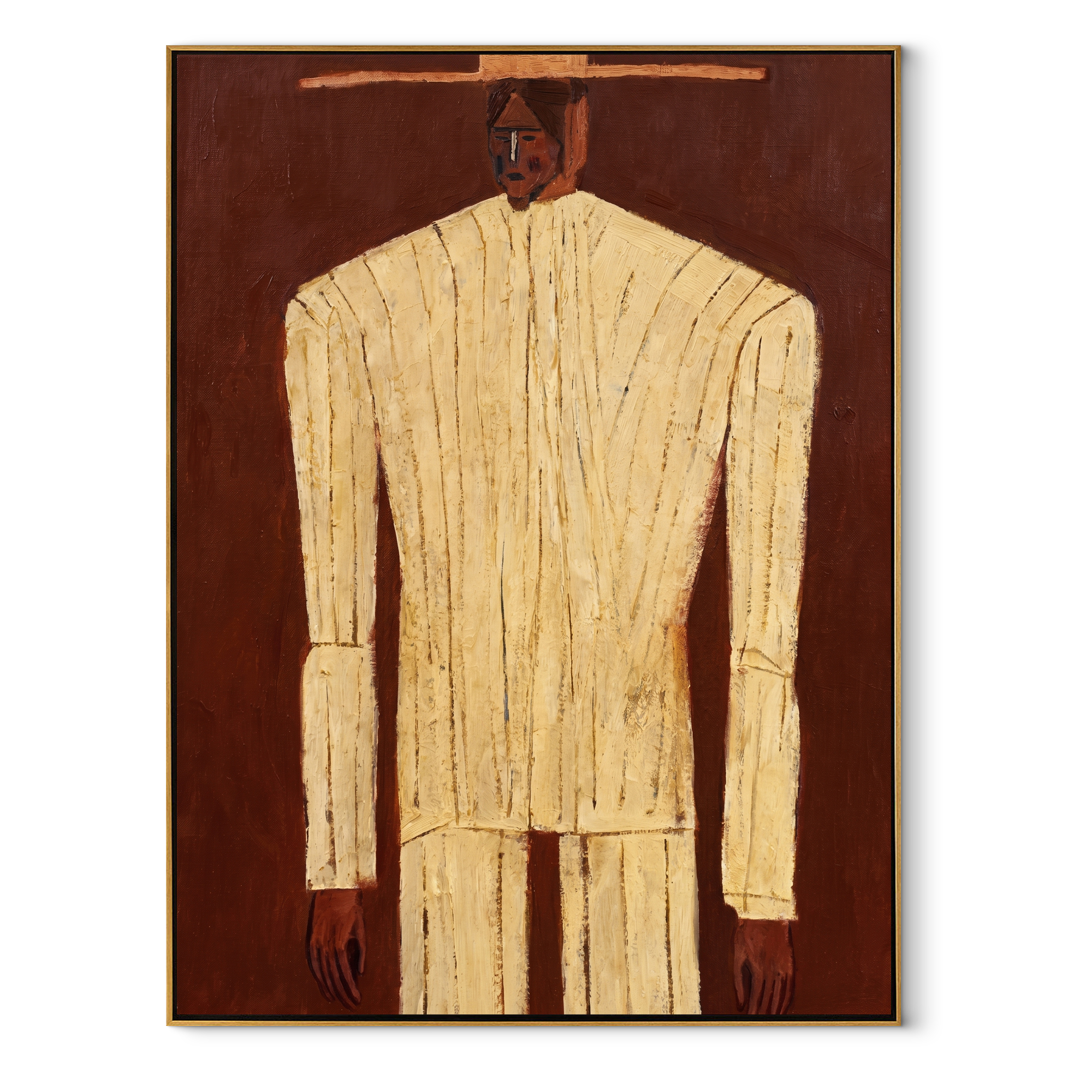 Ivory Column Rises from Brown - Tall Ivory Suit Figure painting by Adrian Lee, mid-century modern vertical wall art – wood frame on white background