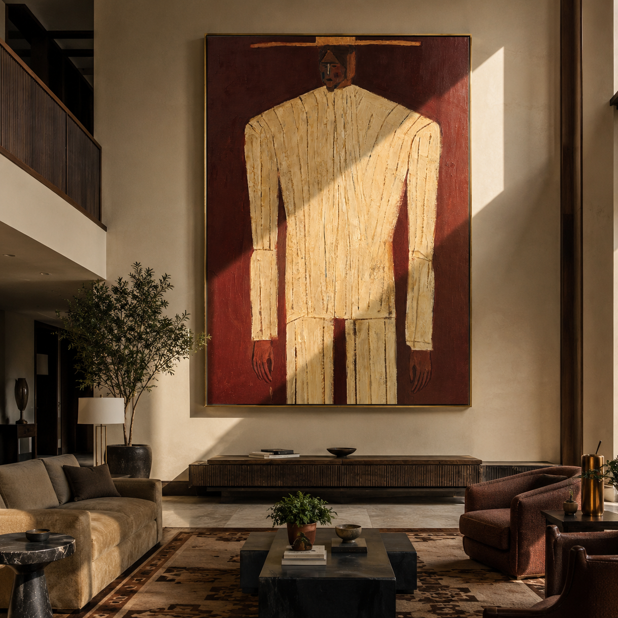 Ivory Column Rises from Brown - Tall Ivory Suit Figure painting by Adrian Lee, mid-century modern vertical wall art – styled room scene view 2