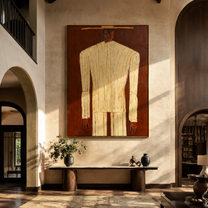 Ivory Column Rises from Brown - Tall Ivory Suit Figure painting by Adrian Lee, mid-century modern vertical wall art – styled room scene view 3