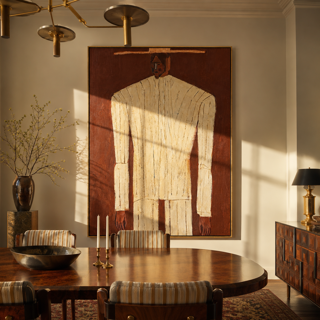 Ivory Column Rises from Brown - Tall Ivory Suit Figure painting by Adrian Lee, mid-century modern vertical wall art – styled room scene view 4