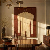 Ivory Column Rises from Brown - Tall Ivory Suit Figure painting by Adrian Lee, mid-century modern vertical wall art – styled room scene view 4