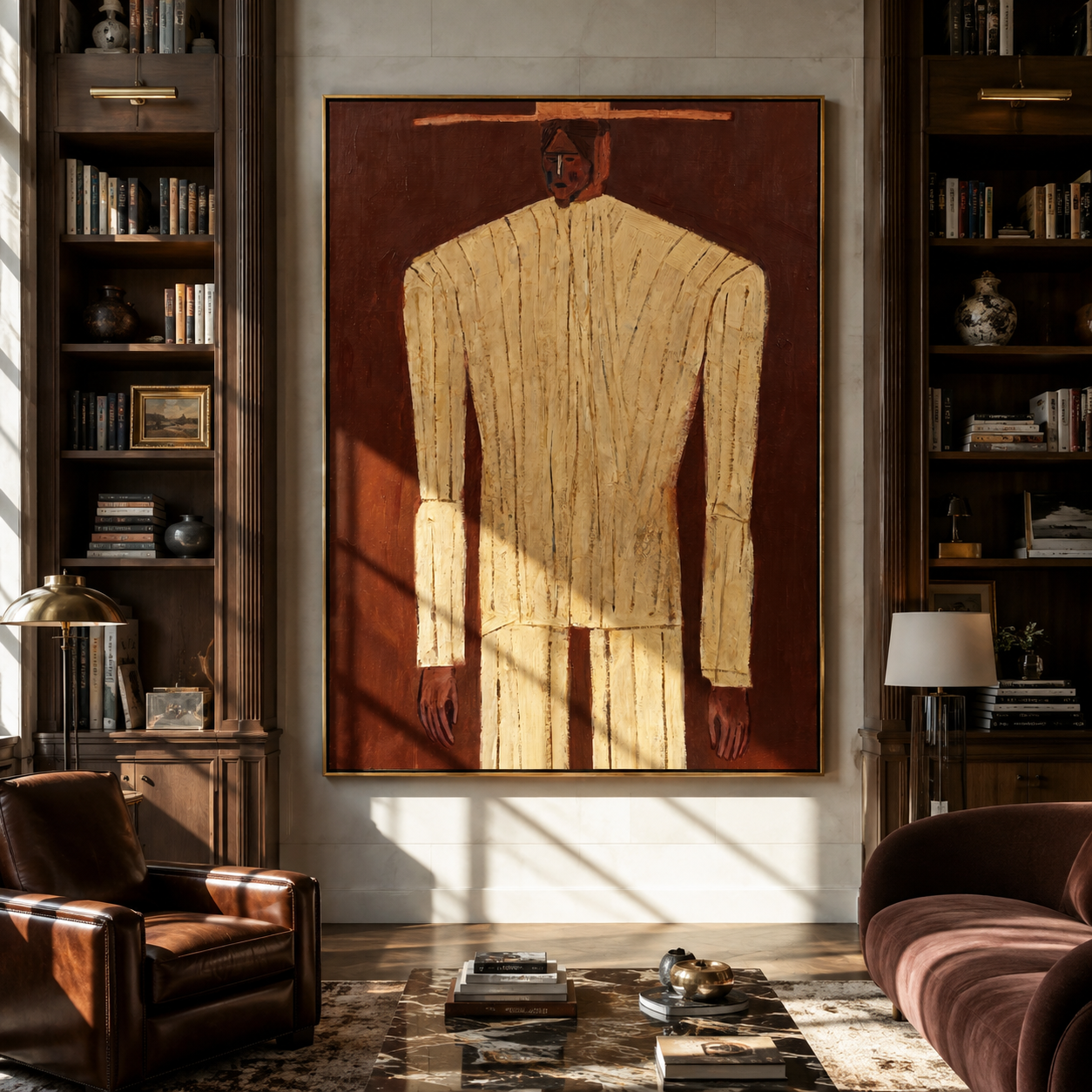 Ivory Column Rises from Brown - Tall Ivory Suit Figure painting by Adrian Lee, mid-century modern vertical wall art – styled room scene view 5