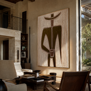 Olive Geometry Holds a Cup - Geometric Olive Hat Figure painting by Adrian Lee, mid-century modern vertical wall art – styled room scene view 1