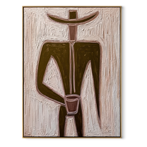 Olive Geometry Holds a Cup - Geometric Olive Hat Figure painting by Adrian Lee, mid-century modern vertical wall art – wood frame on white background