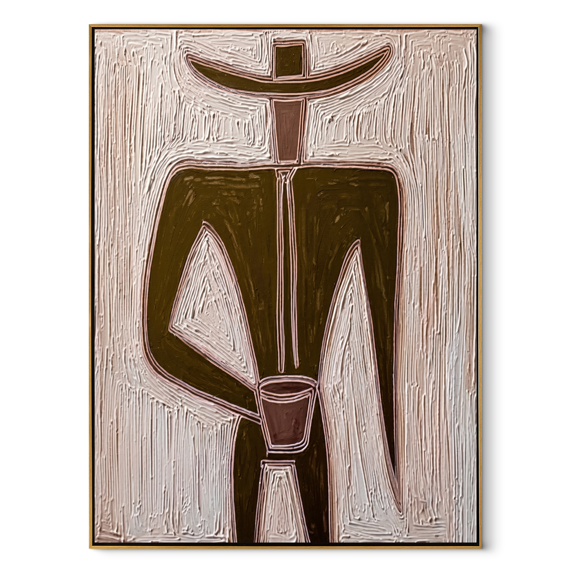 Olive Geometry Holds a Cup - Geometric Olive Hat Figure painting by Adrian Lee, mid-century modern vertical wall art – wood frame on white background