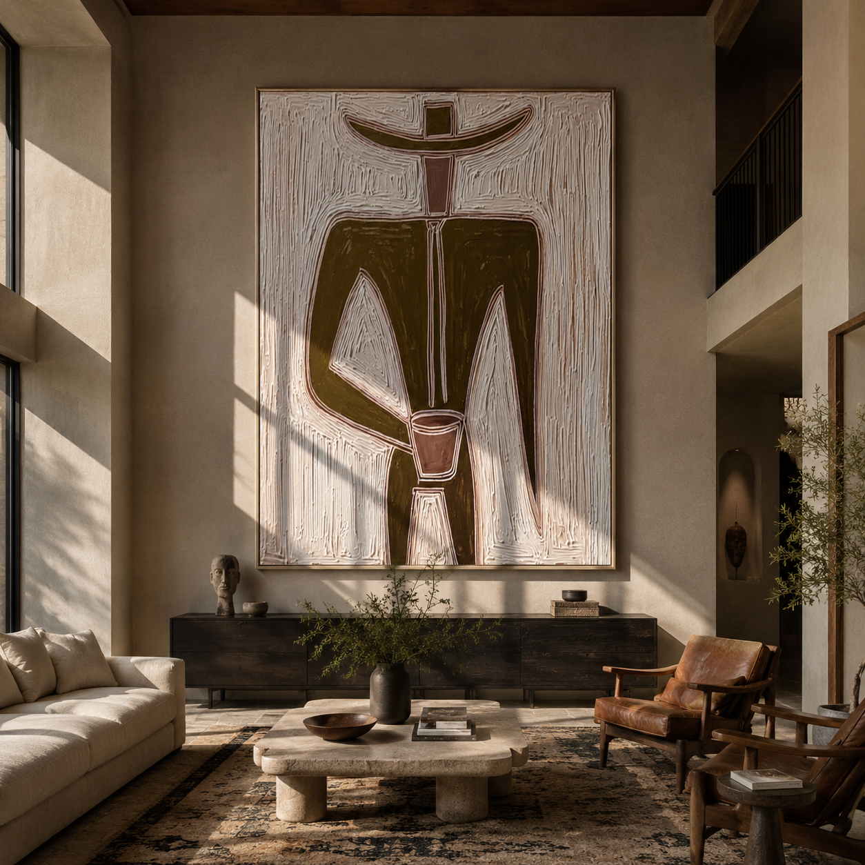 Olive Geometry Holds a Cup - Geometric Olive Hat Figure painting by Adrian Lee, mid-century modern vertical wall art – styled room scene view 2