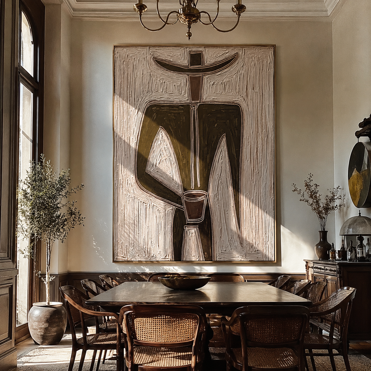 Olive Geometry Holds a Cup - Geometric Olive Hat Figure painting by Adrian Lee, mid-century modern vertical wall art – styled room scene view 4