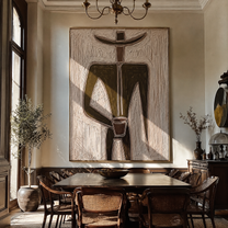 Olive Geometry Holds a Cup - Geometric Olive Hat Figure painting by Adrian Lee, mid-century modern vertical wall art – styled room scene view 4