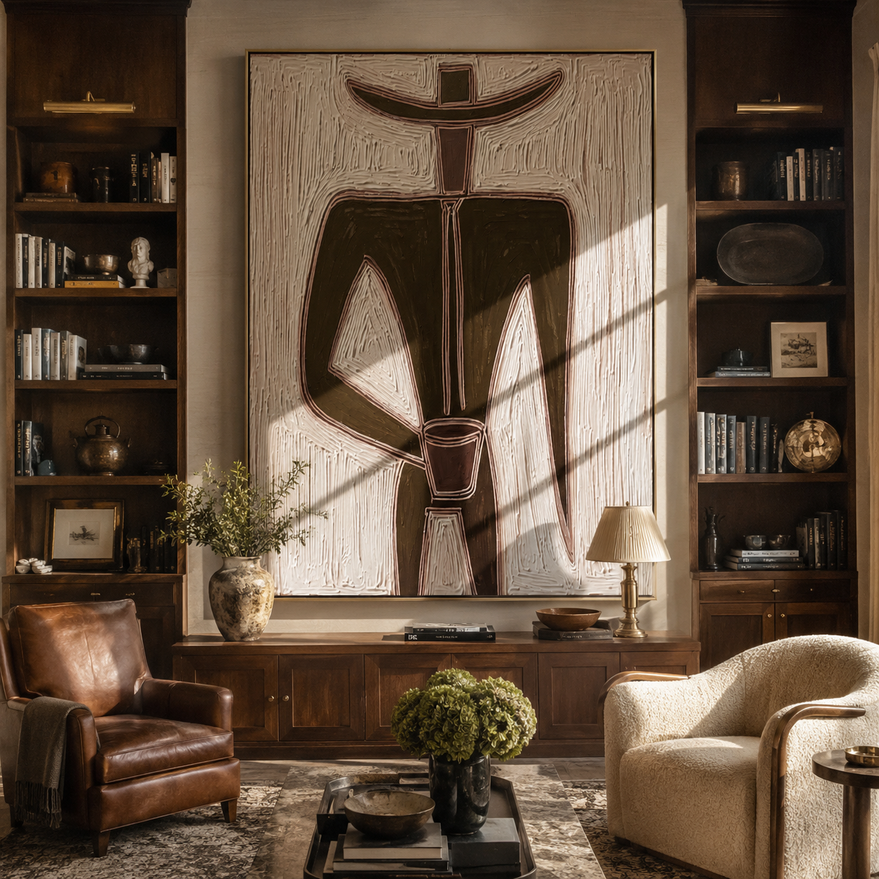 Olive Geometry Holds a Cup - Geometric Olive Hat Figure painting by Adrian Lee, mid-century modern vertical wall art – styled room scene view 5