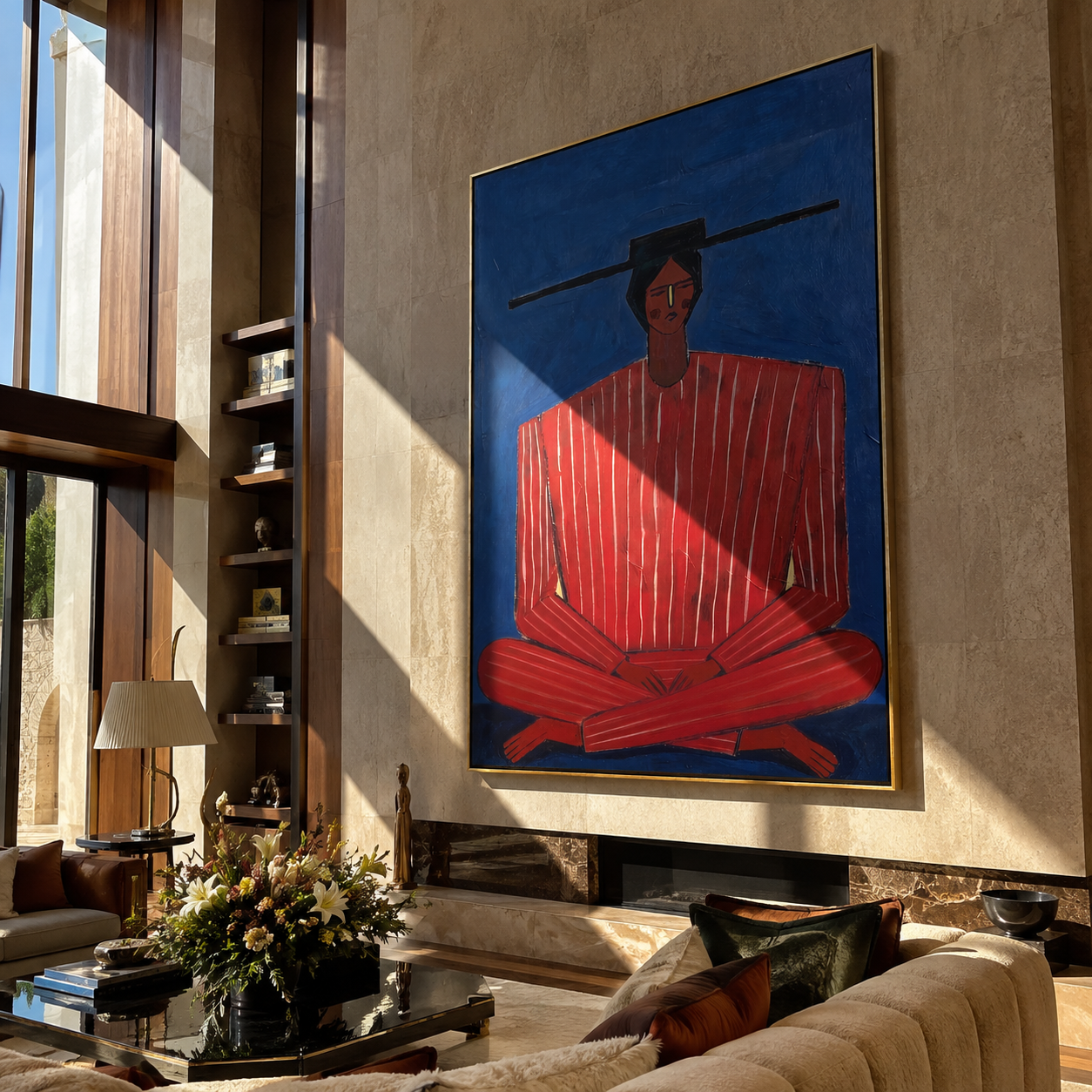 Scarlet Stripes Rest on Cobalt - Seated Red Stripe Figure painting by Adrian Lee, mid-century modern vertical wall art – styled room scene view 1