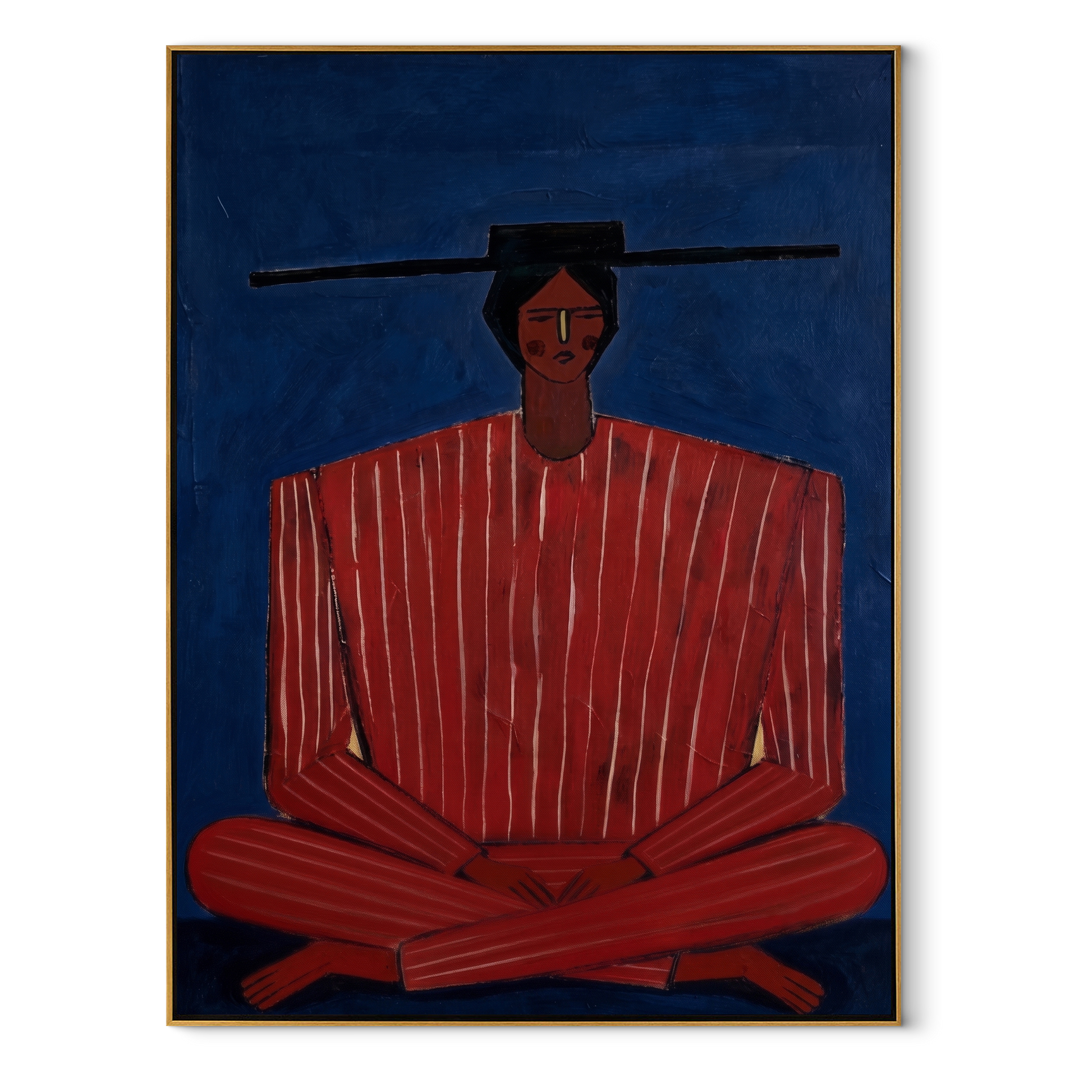 Scarlet Stripes Rest on Cobalt - Seated Red Stripe Figure painting by Adrian Lee, mid-century modern vertical wall art – wood frame on white background