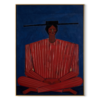 Scarlet Stripes Rest on Cobalt - Seated Red Stripe Figure painting by Adrian Lee, mid-century modern vertical wall art – wood frame on white background