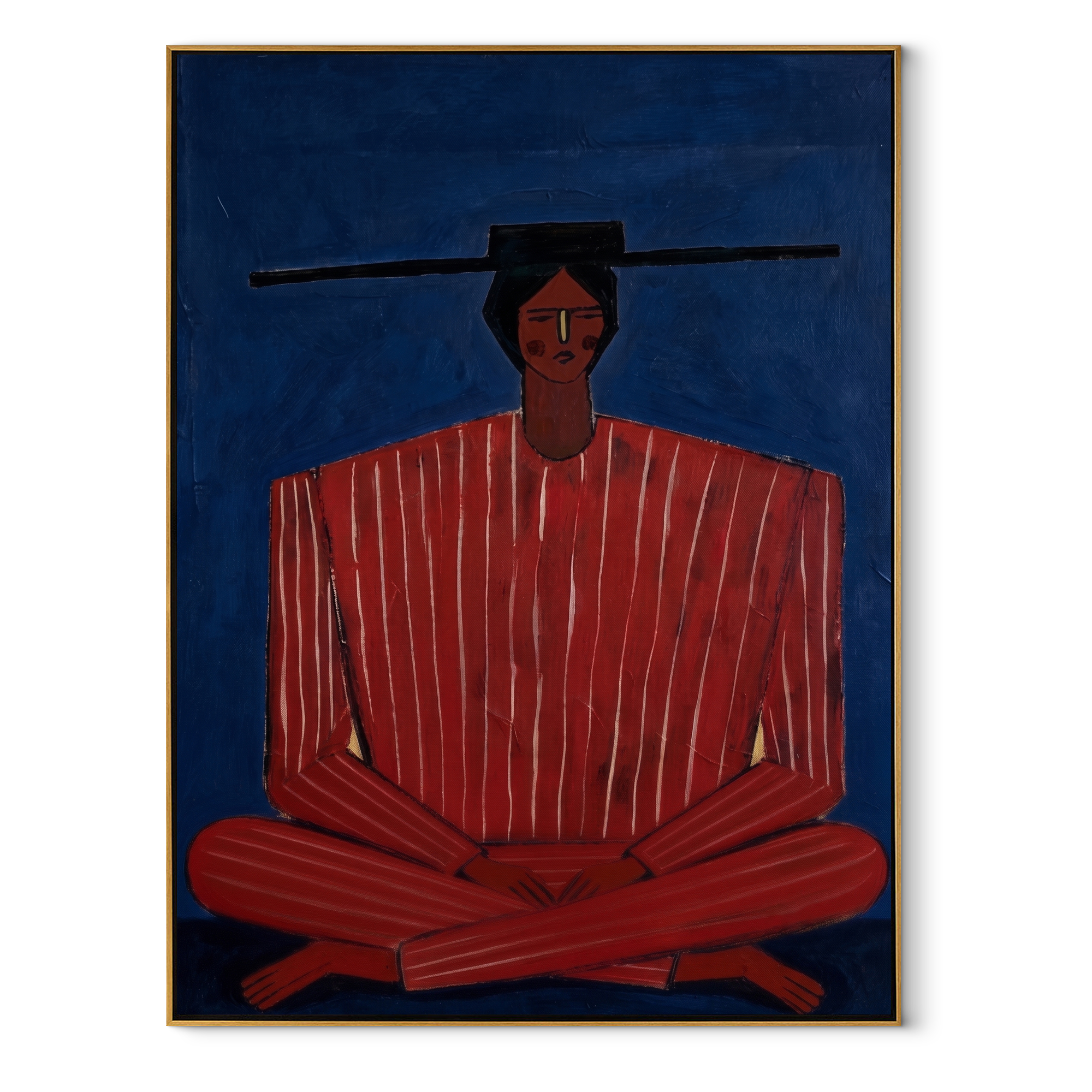 Scarlet Stripes Rest on Cobalt - Seated Red Stripe Figure painting by Adrian Lee, mid-century modern vertical wall art – wood frame on white background