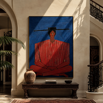 Scarlet Stripes Rest on Cobalt - Seated Red Stripe Figure painting by Adrian Lee, mid-century modern vertical wall art – styled room scene view 2