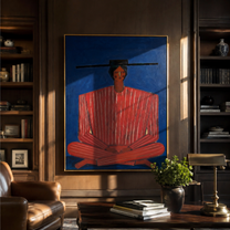 Scarlet Stripes Rest on Cobalt - Seated Red Stripe Figure painting by Adrian Lee, mid-century modern vertical wall art – styled room scene view 3