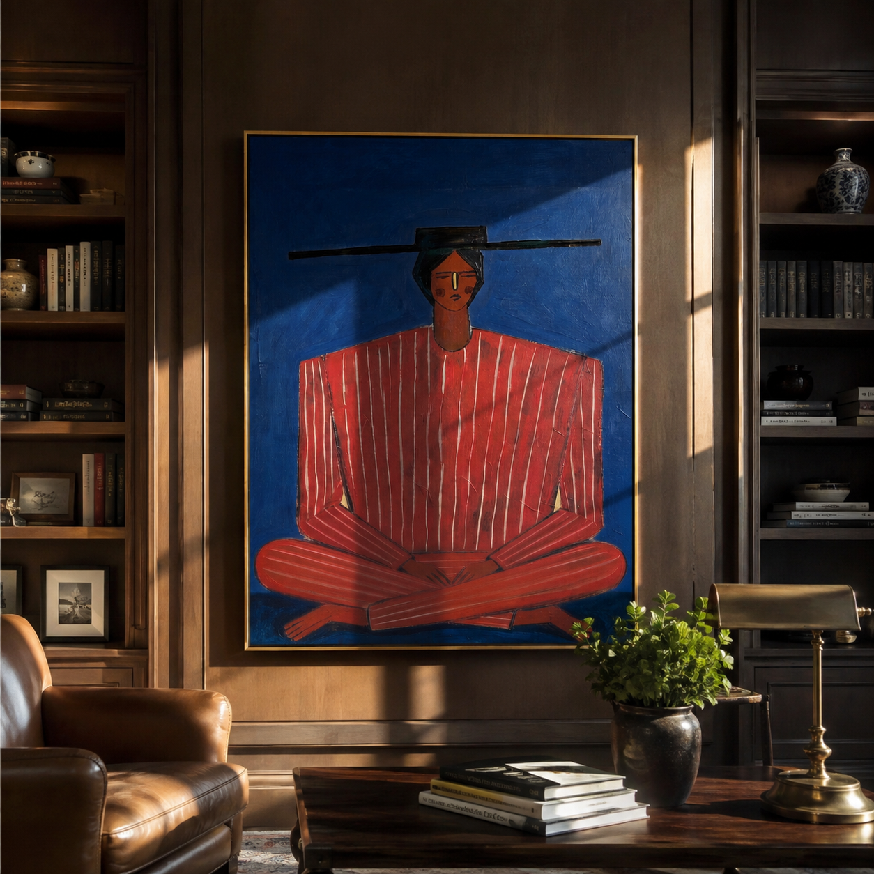 Scarlet Stripes Rest on Cobalt - Seated Red Stripe Figure painting by Adrian Lee, mid-century modern vertical wall art – styled room scene view 3