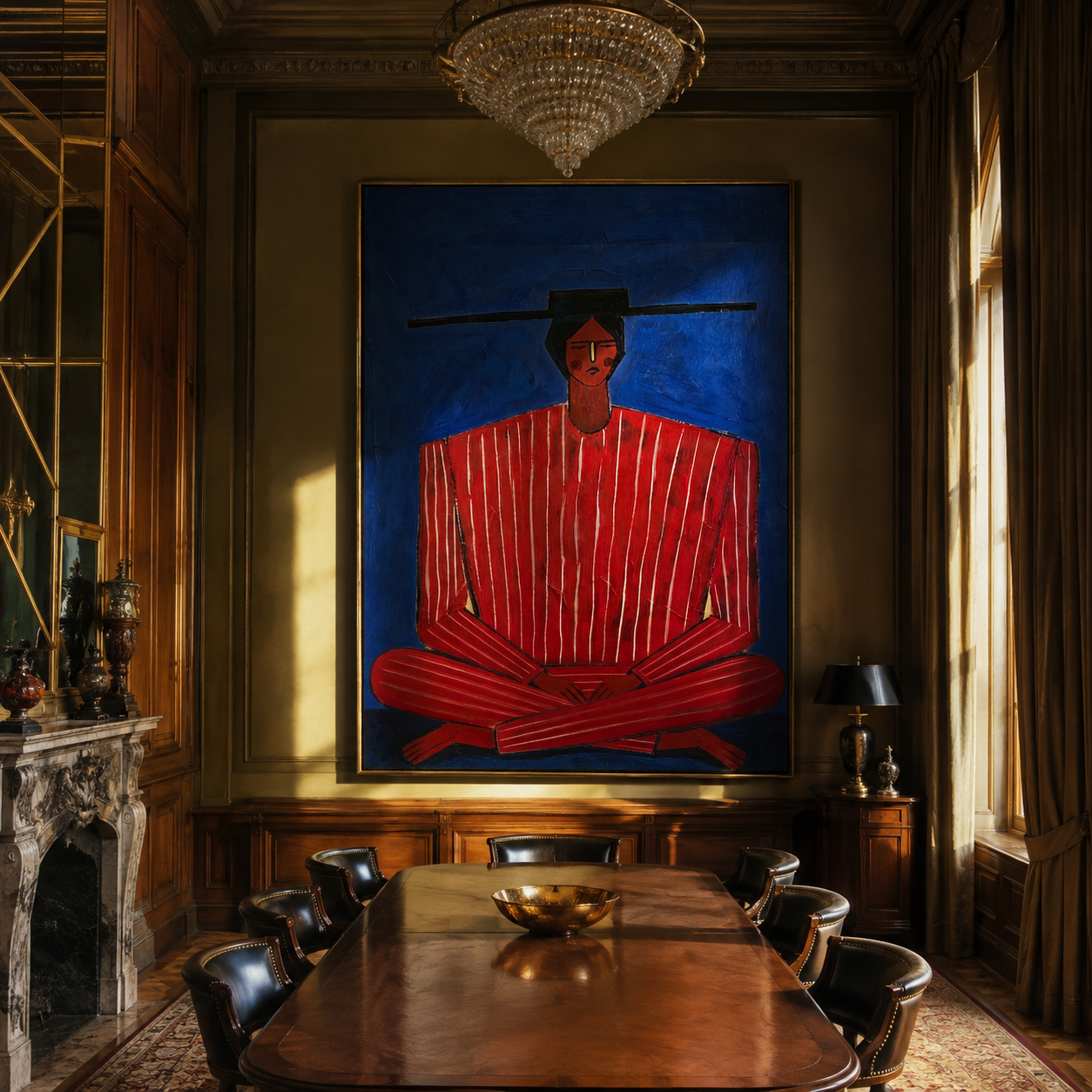 Scarlet Stripes Rest on Cobalt - Seated Red Stripe Figure painting by Adrian Lee, mid-century modern vertical wall art – styled room scene view 4