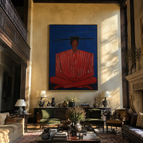 Scarlet Stripes Rest on Cobalt - Seated Red Stripe Figure painting by Adrian Lee, mid-century modern vertical wall art – styled room scene view 5