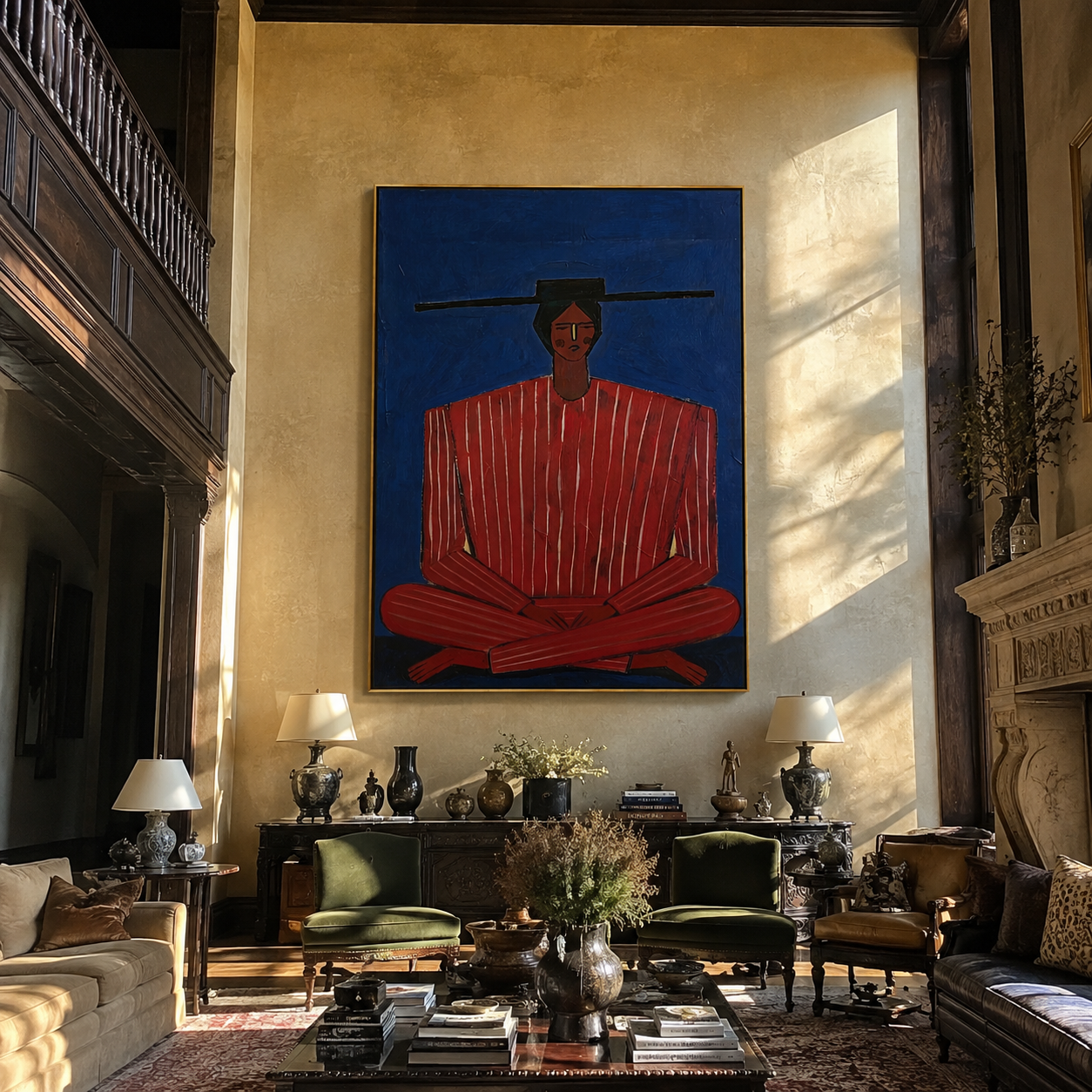 Scarlet Stripes Rest on Cobalt - Seated Red Stripe Figure painting by Adrian Lee, mid-century modern vertical wall art – styled room scene view 5