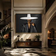 White Brim Smokes at Midnight - Pipe Smoking Stripe Figure painting by Adrian Lee, mid-century modern horizontal wall art – styled room scene view 1