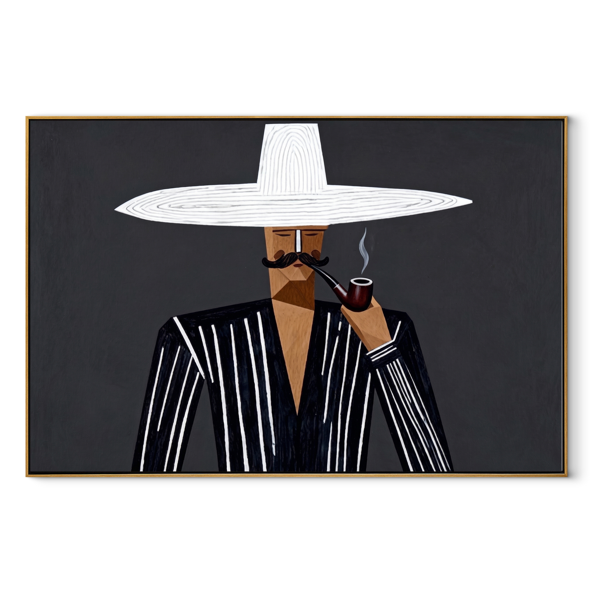 White Brim Smokes at Midnight - Pipe Smoking Stripe Figure painting by Adrian Lee, mid-century modern horizontal wall art – wood frame on white background