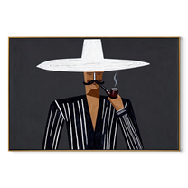 White Brim Smokes at Midnight - Pipe Smoking Stripe Figure painting by Adrian Lee, mid-century modern horizontal wall art – wood frame on white background