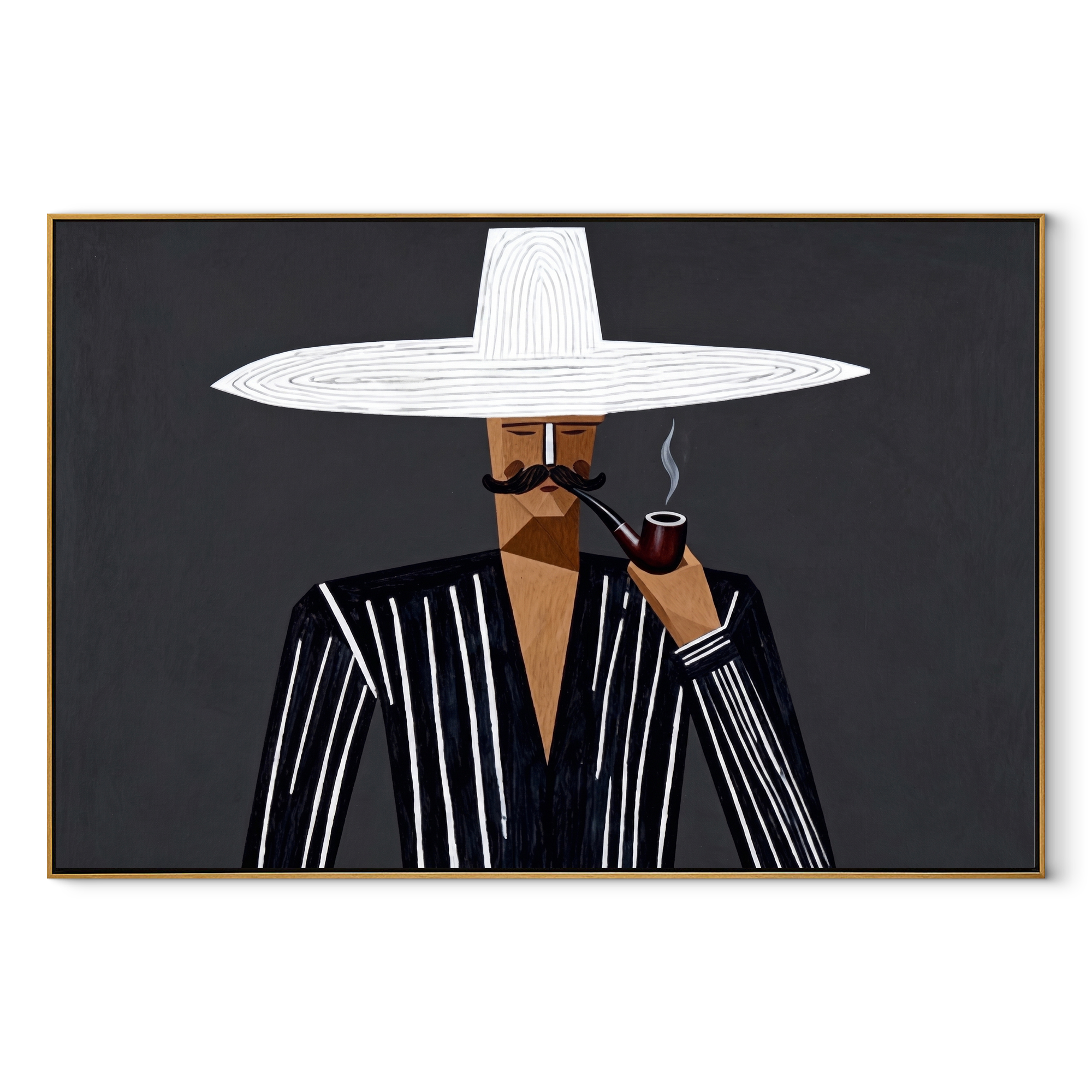 White Brim Smokes at Midnight - Pipe Smoking Stripe Figure painting by Adrian Lee, mid-century modern horizontal wall art – wood frame on white background