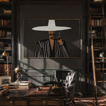 White Brim Smokes at Midnight - Pipe Smoking Stripe Figure painting by Adrian Lee, mid-century modern horizontal wall art – styled room scene view 2
