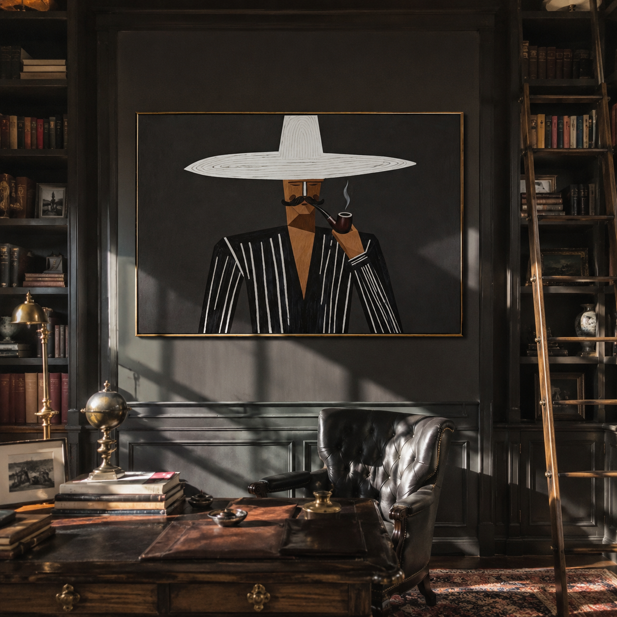 White Brim Smokes at Midnight - Pipe Smoking Stripe Figure painting by Adrian Lee, mid-century modern horizontal wall art – styled room scene view 2